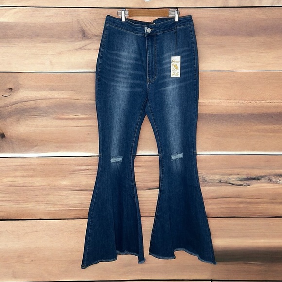 Home Folk Distressed Women's Mid Wash Blue Flare Jeans - Picture 3 of 16